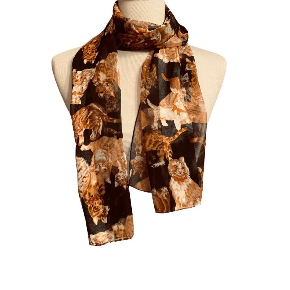 Cat Kitty Scarf Wrap VTG Korea Headwrap Kittens Sheer Rectangle‎ 12” x 60”